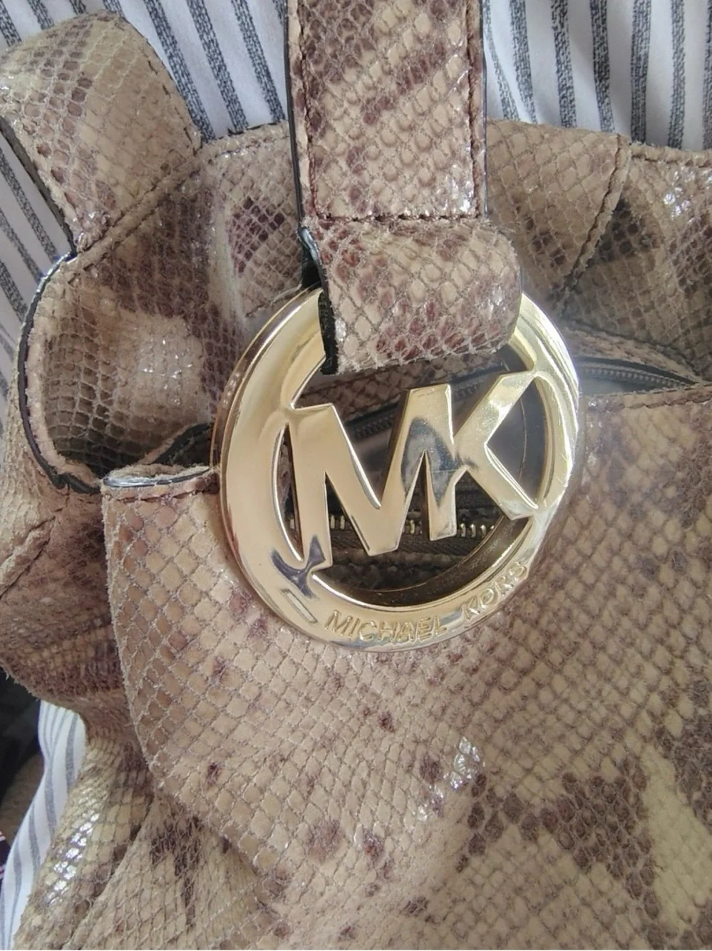 Michael Kors Tan Snake-Print Hobo with Gold MK Medallion